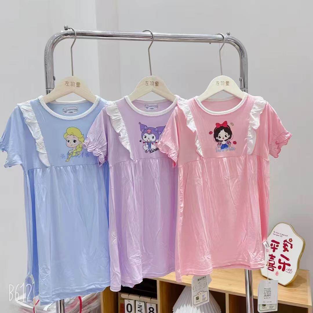 左羽童女童莫代尔睡裙夏季薄款女童短袖家居服2-3-5岁女孩公主风