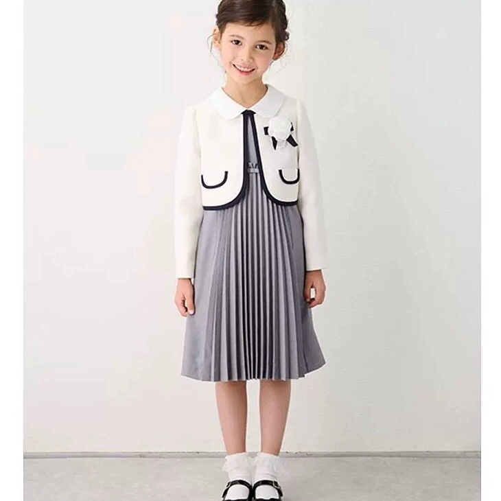 外贸日单大牌礼服节目灰色女童压褶工艺连衣裙短袖 春秋款套装