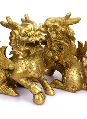 铜麒麟一对纯铜踩球元宝八卦飞天翅膀麒麟大号中式客厅办公室摆件