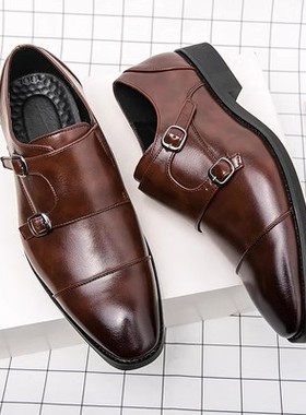 大码三接头方头皮鞋男士英伦商务正装休闲百搭西装婚礼搭扣孟克鞋