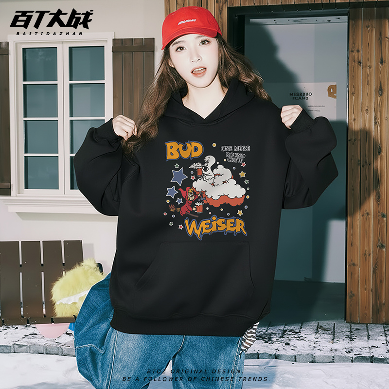 美式漫画鬼马小精灵加绒连帽卫衣