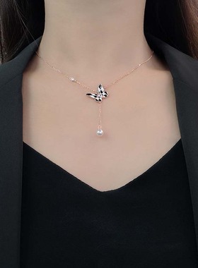 小众简约棋盘格蝴蝶贝珠吊坠项链女s925纯银仙气美少女饰品送闺蜜