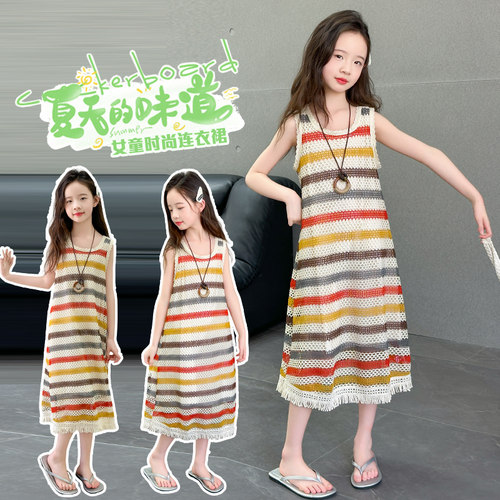 韩版女童夏季薄款无袖条纹连衣裙
