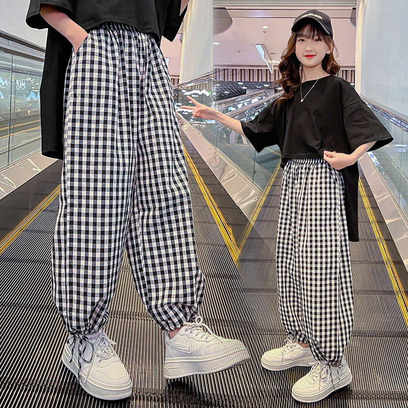 女童束脚裤2025夏装格子休闲裤防蚊裤薄款哈伦裤中大儿童长裤裤子