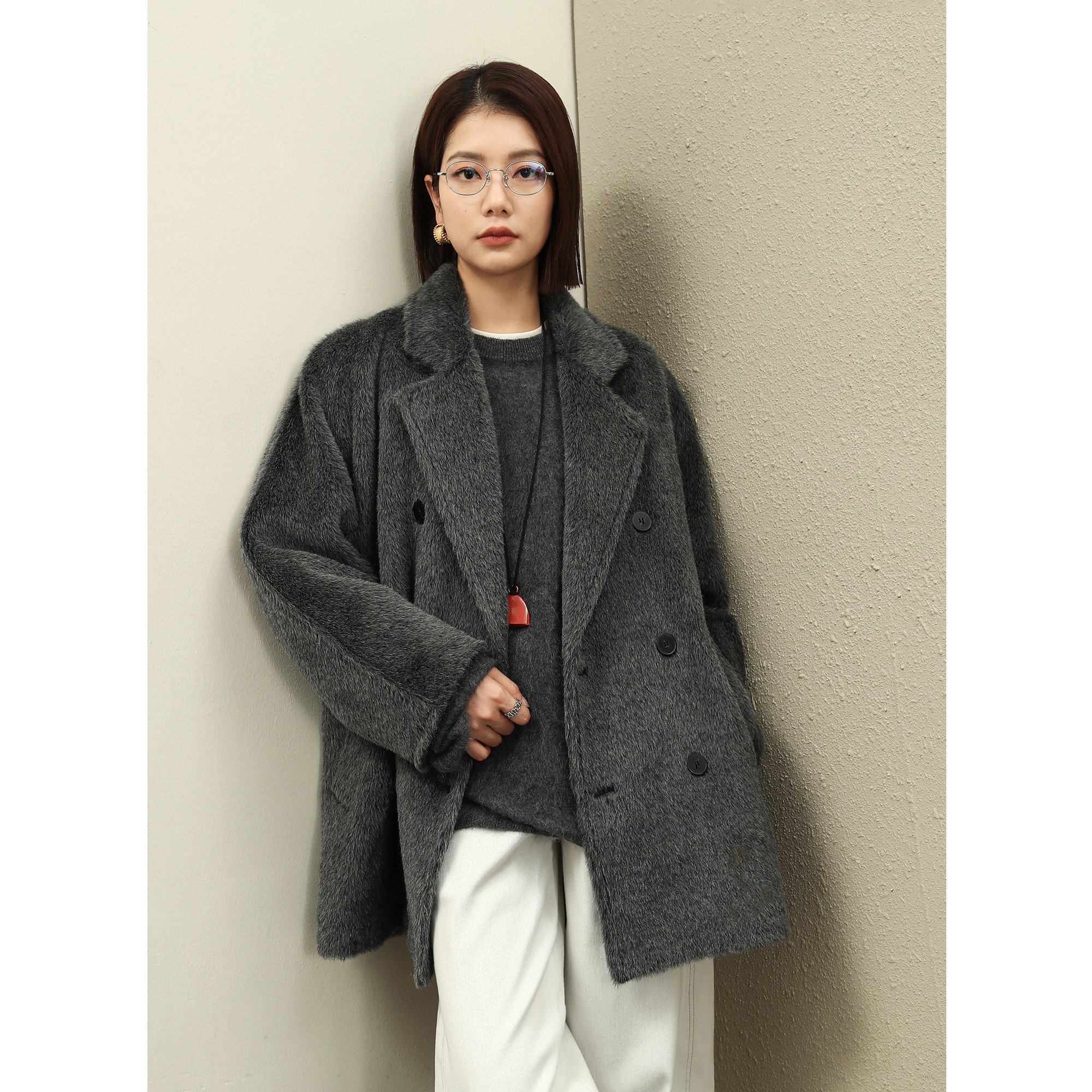 苏力中长款羊驼毛大衣外套