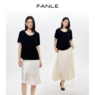 FANLE STUDIOS夏季醋酸领撞色真丝薄丝绒柔肤透气高级感短袖T恤
