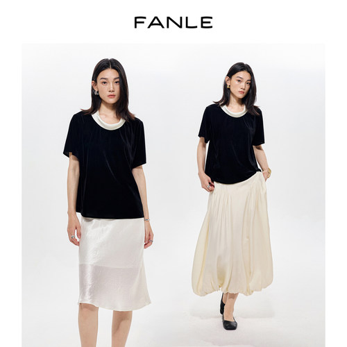 FANLE STUDIOS夏季醋酸领撞色真丝薄丝绒柔肤透气高级感短袖T恤