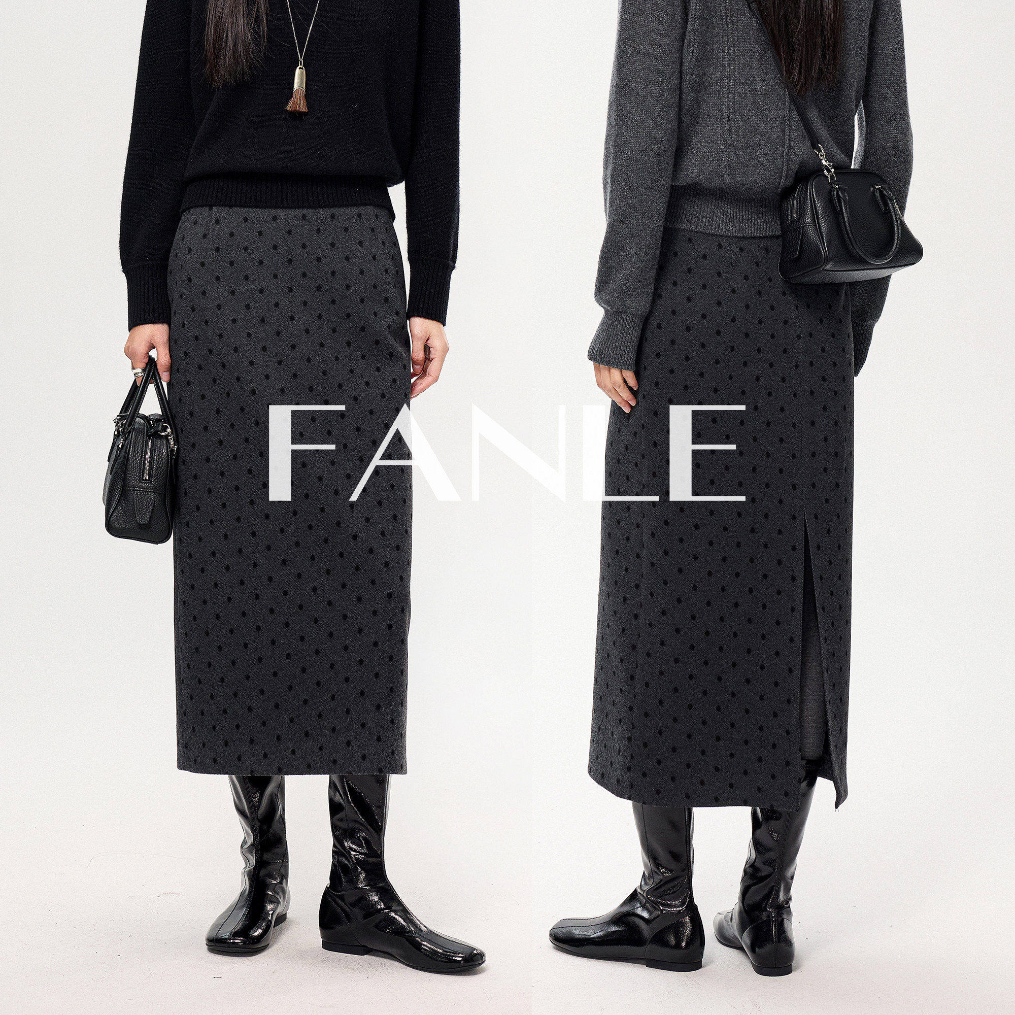 FANLE STUDIOS定制羊绒羊毛复古波点纸片人显瘦高腰直筒开叉半裙,女装/女士精品,半身裙,淘宝优惠券,粉丝福利购,淘宝优惠卷