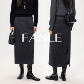 FANLE STUDIOS定制羊绒羊毛复古波点纸片人显瘦高腰直筒开叉半裙