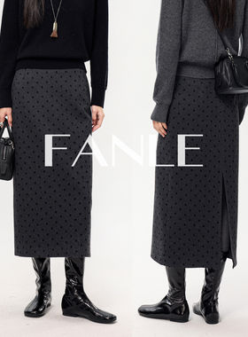 FANLE STUDIOS定制羊绒羊毛复古波点纸片人显瘦高腰直筒开叉半裙