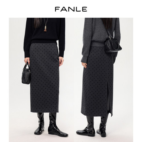 FANLE STUDIOS定制羊绒羊毛复古波点纸片人显瘦高腰直筒开叉半裙