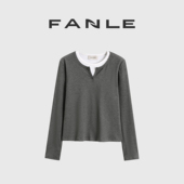 假两件双层拼色V领MIU风长袖 清仓买三免一区 百搭叠穿打底T恤