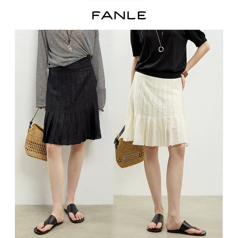 FANLE STUDIOS进口韩国褶皱醋酸丝光仙气高腰显瘦百褶中裙半身裙