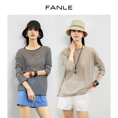 FANLE STUDIOS轻薄亚麻合纸纱干爽透气舒适防晒条纹宽松夏季罩衫