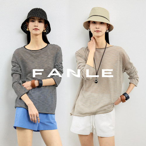 FANLE STUDIOS轻薄亚麻合纸纱干爽透气舒适防晒条纹宽松夏季罩衫