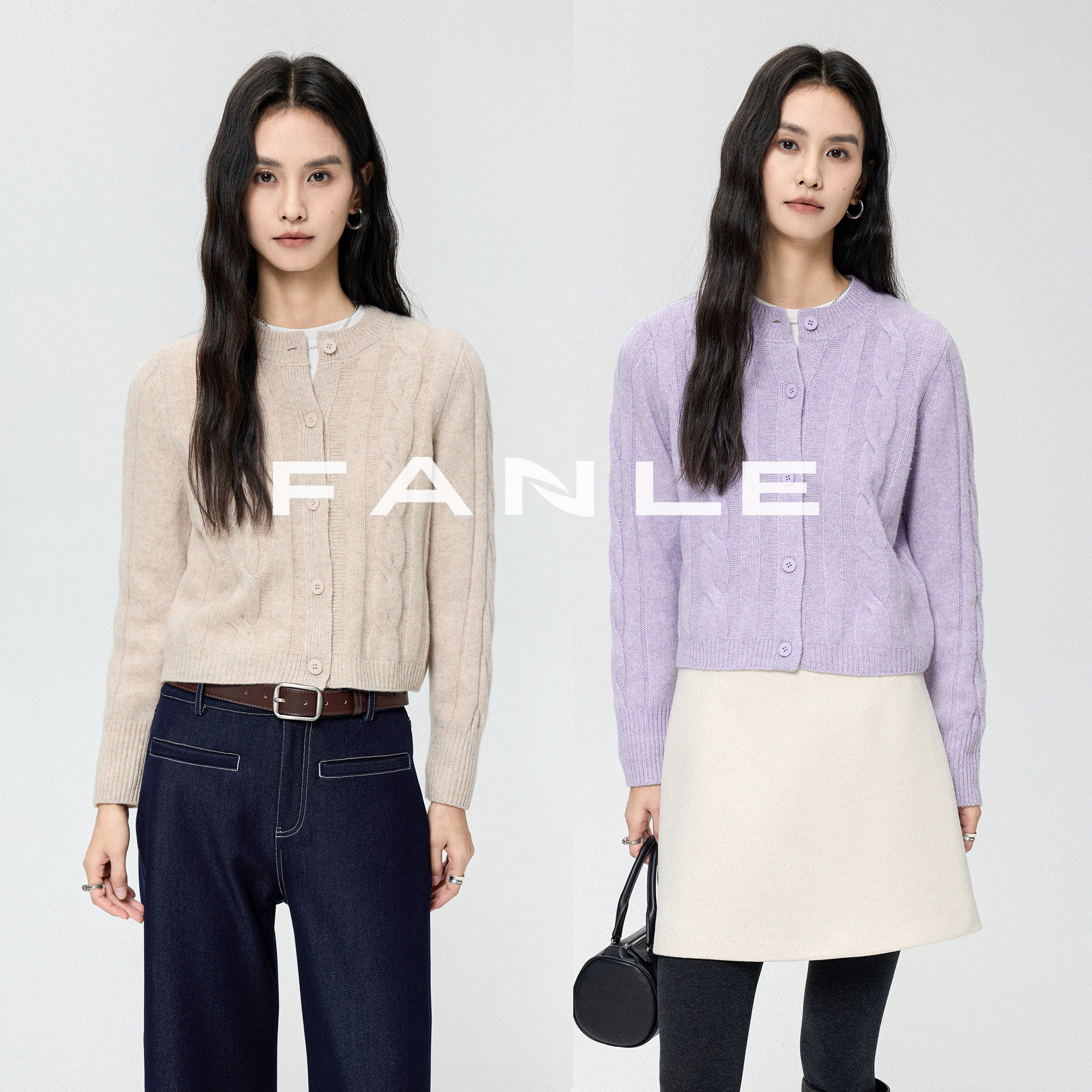 FANLE STUDIOS复古博主风法式羊毛麻花织法箱型圆领短款开衫毛衣