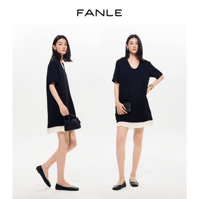FANLE STUDIOS进口醋酸莱赛尔下摆花苞柔纱拼接T型领短袖连衣裙
