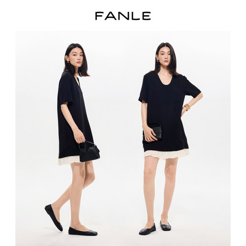 FANLE STUDIOS进口醋酸莱赛尔下摆花苞柔纱拼接T型领短袖连衣裙