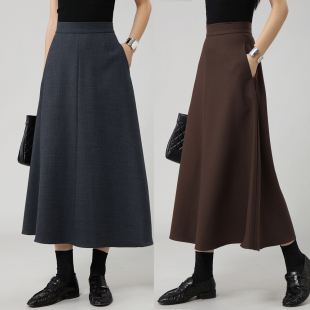FANLE 显瘦半身裙 STUDIOS高腰A型伞裙新型羊毛混纺大摆优雅中长款