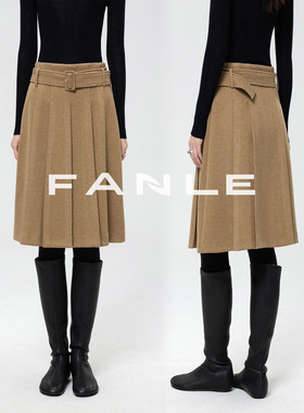 FANLE STUDIOS加厚醋酸羊毛立体肌理知识分子腰带百褶中裙半身裙