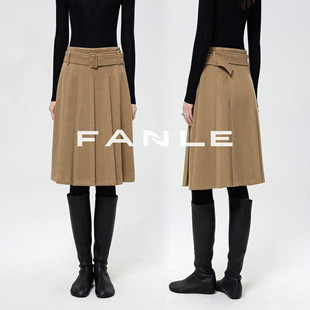 FANLE STUDIOS加厚醋酸羊毛立体肌理知识分子腰带百褶中裙半身裙