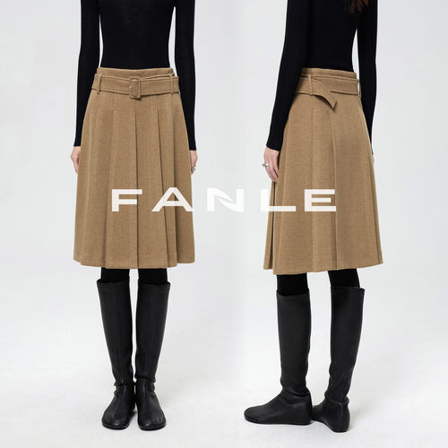 FANLE STUDIOS加厚醋酸羊毛立体肌理知识分子腰带百褶中裙半身裙
