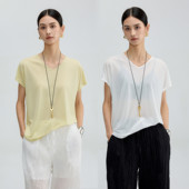 FANLE STUDIOS夏日超薄凉爽麻感醋酸时髦V领宽松遮肉空调短袖 T恤