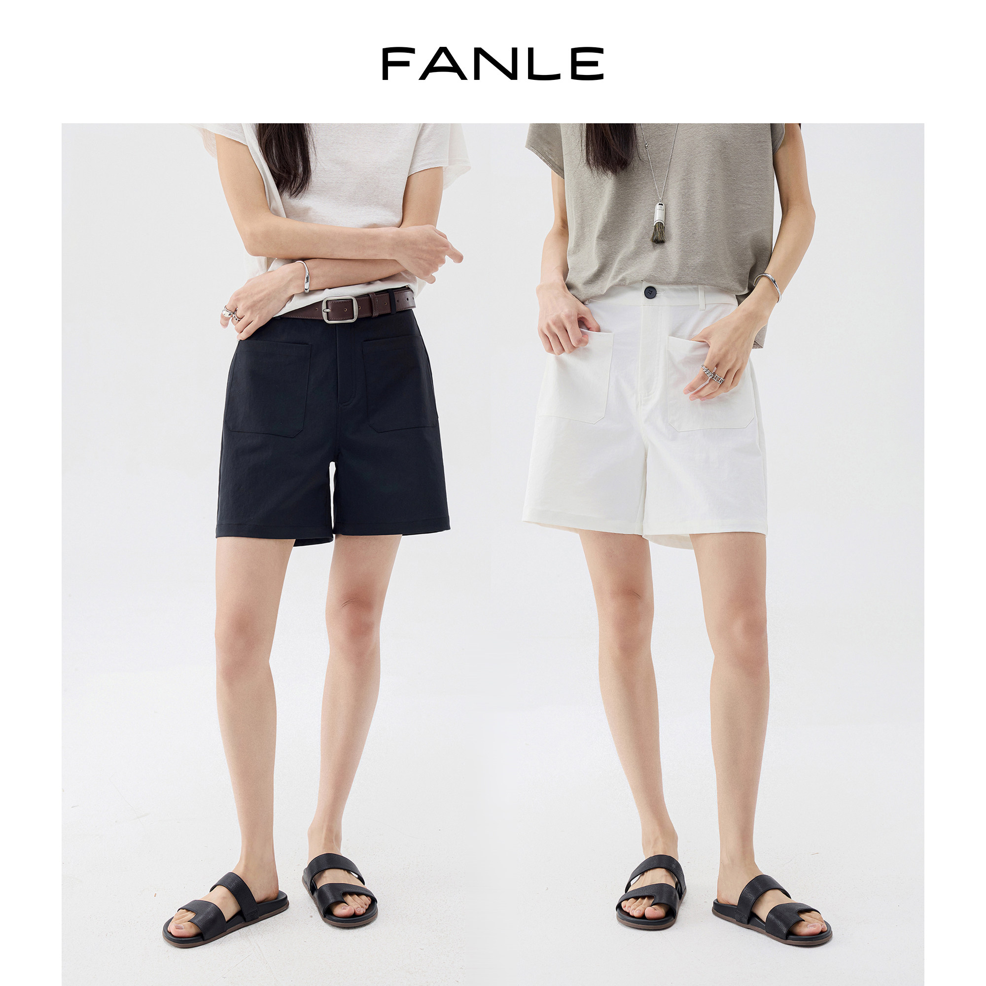 FANLE STUDIOS高密防透抗皱可机洗工装风大口袋高腰小A休闲短裤图片