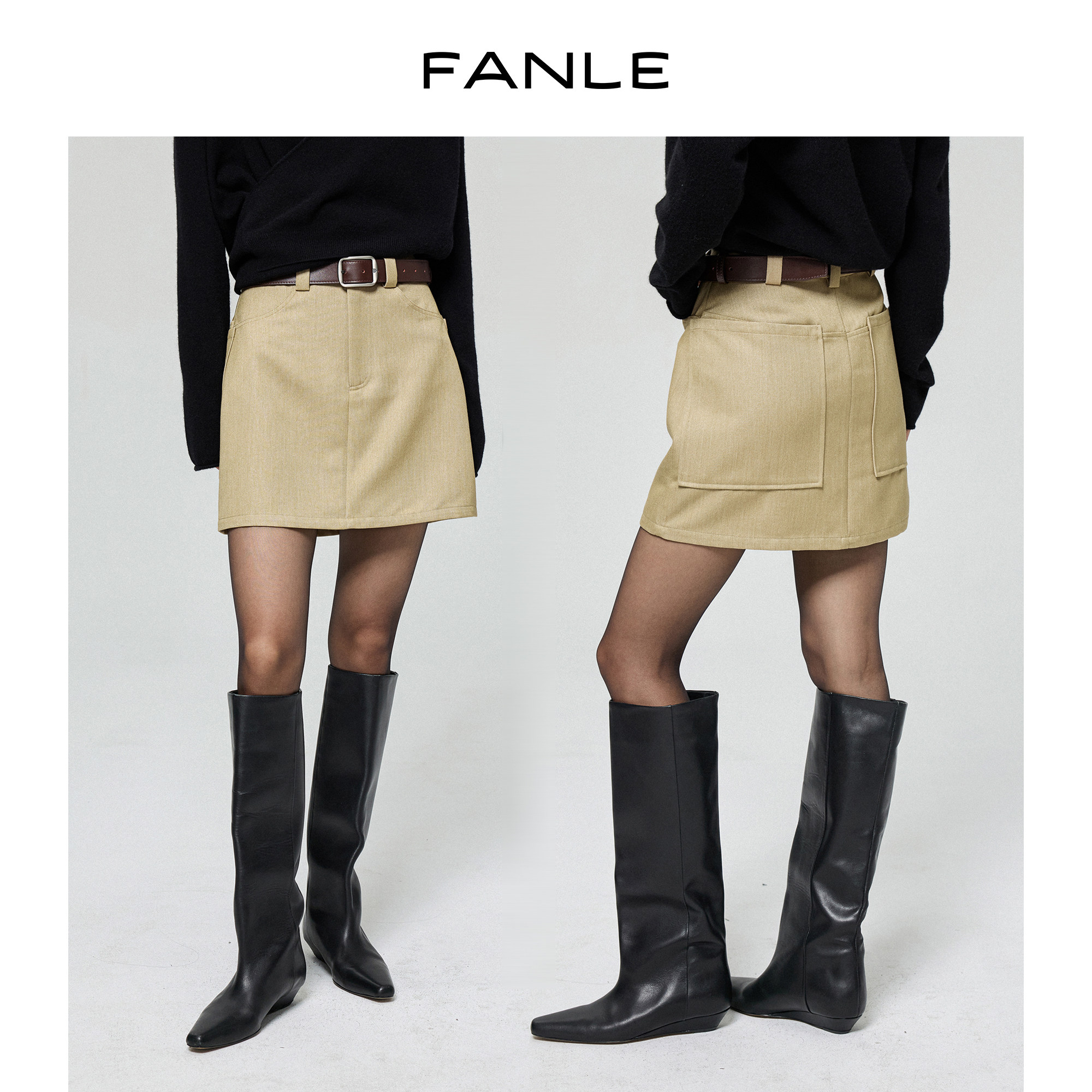 FANLE STUDIOS莱赛尔羊毛彩牛风休闲工装大口袋高腰小A短裙半身裙