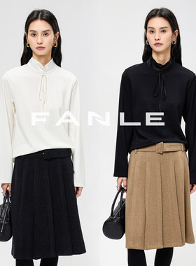 FANLE STUDIOS 高品醋酸羊毛拼接立领绑带气质加绒打底针织衫T恤
