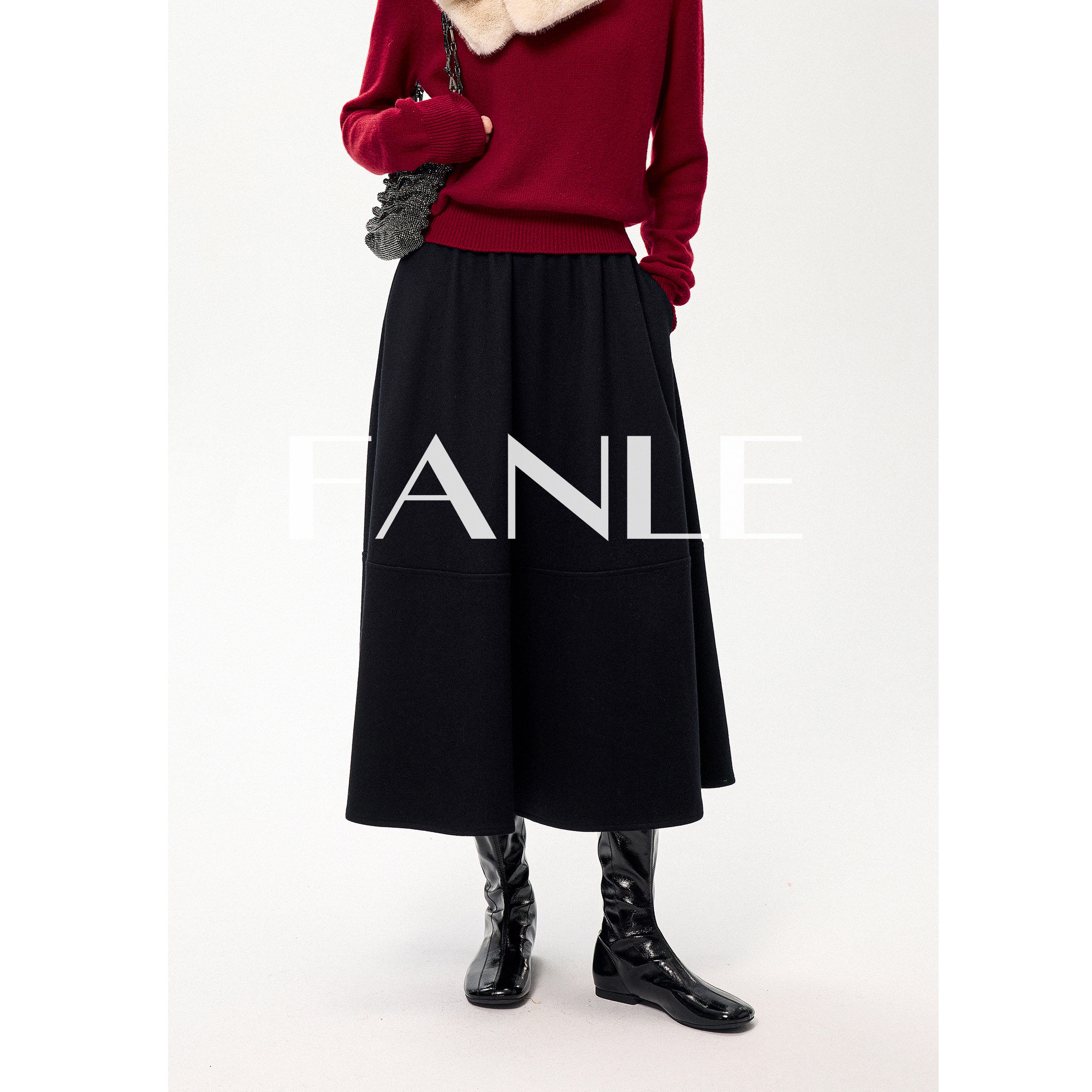 FANLE STUDIOS 冬季赫本风'亮丝羊毛'牛筋腰花苞中长款大摆半身裙,女装/女士精品,半身裙,淘宝优惠券,粉丝福利购,淘宝优惠卷