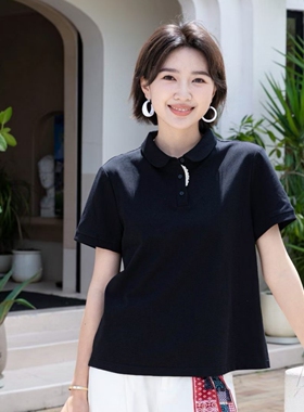 YUN韫2026夏季新款女装翻领3粒扣透气舒适感针织棉女短袖T恤 6228