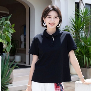 YUN韫2026夏季新款女装翻领3粒扣透气舒适感针织棉女短袖T恤 6228