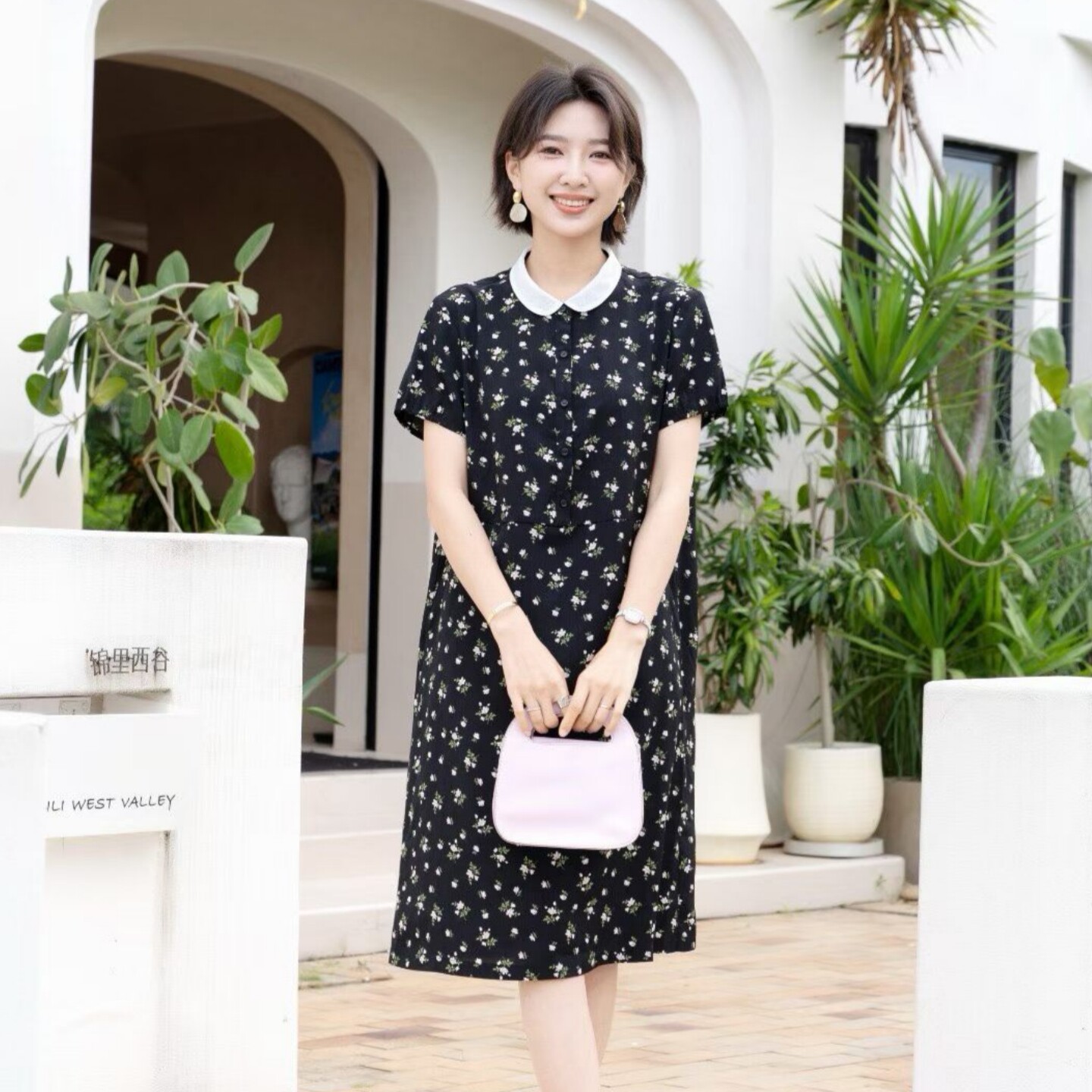 YUN韫2026夏季新款女装欧根纱白领收腰印花中长款休闲雪纺连衣裙