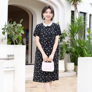 YUN韫2026夏季新款女装欧根纱白领收腰印花中长款休闲雪纺连衣裙
