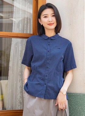 YUN韫2024夏季新品女装娃娃领单排扣通勤收腰圆点短袖女衬衫 3506