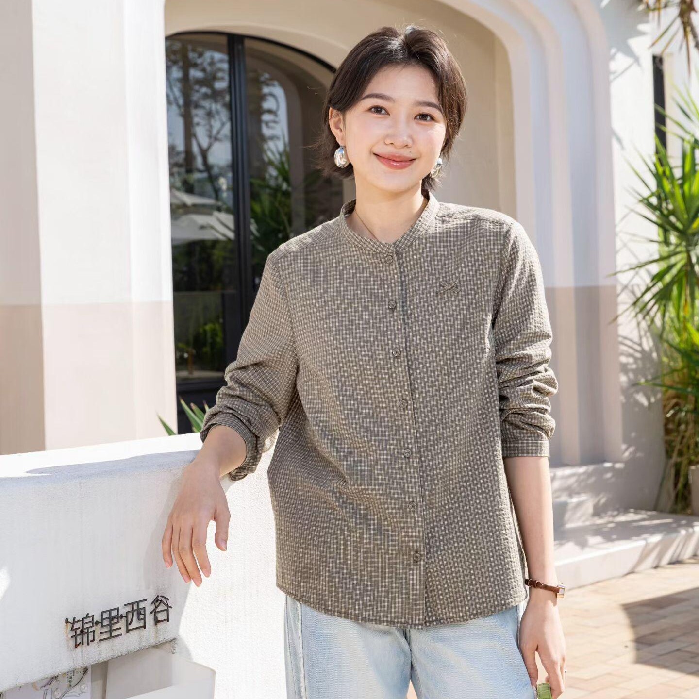 YUN韫2026春季新款女装立领单排扣竖纹条格子长袖通勤女衬衫 6178