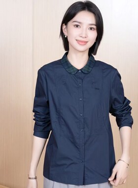 YUN韫2026春季新款女装格子领单排扣通勤简约显瘦长袖棉衬衫 5192