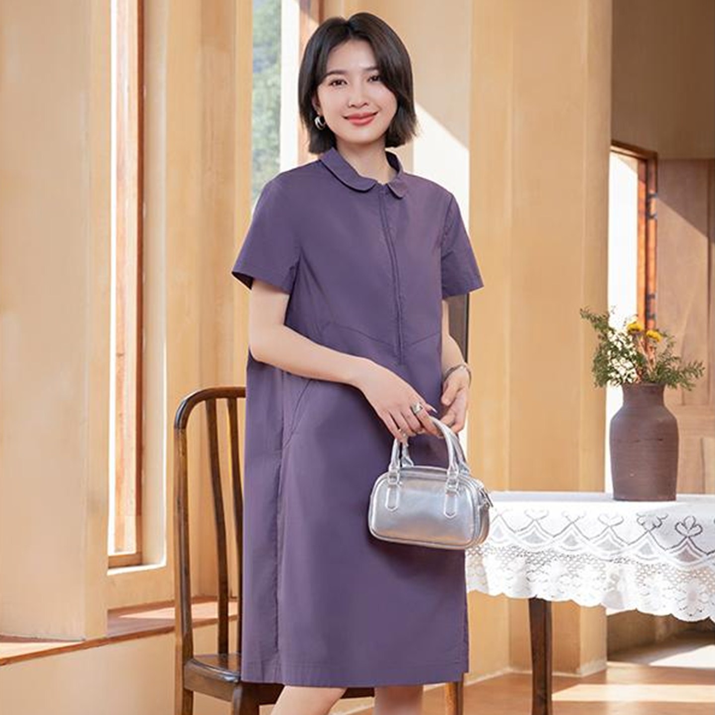 YUN韫2025夏季新款翻领半拉链凉感通勤休闲短袖衬衫连衣裙女 5522