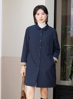 YUN韫2025冬季新款翻领单排扣通勤简约中长款夹棉女风衣外套 6068