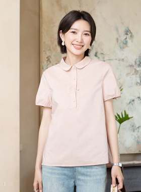 YUN韫2026夏季新款女装翻领半开扣刺绣休闲宽松减龄短袖衬衫 6165
