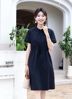 YUN韫2026夏季新款女装翻领半拉链休闲极简风抽绳短袖连衣裙 6266