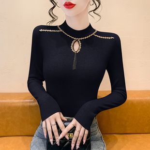 半高领毛衣女秋冬欧货设计感镂空钉珠针织衫长袖紧身内搭打底上衣