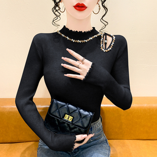 黑色木耳边针织打底衫女秋冬高级设计感镂空钉珠毛衣内搭长袖上衣