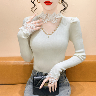 蕾丝拼接V领针织打底衫 内搭挂脖毛衣 女秋冬洋气减龄钉珠上衣长袖