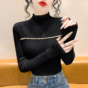 内搭上衣 长袖 黑色毛衣女秋冬2025新款 重工镶钻蕾丝提花针织打底衫