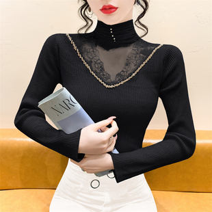 内搭上衣 长袖 网纱拼接高领毛衣针织衫 女秋冬设计感重工镶钻打底衫
