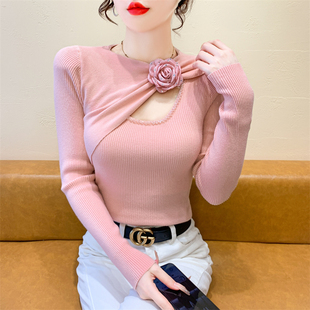 不规则蝴蝶结针织衫 女秋冬高级感镂空花朵上衣气质内搭毛衣打底衫