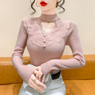 内搭毛衣打底衫 修身 女秋冬性高级感空钉珠上衣长袖 蕾丝拼接针织衫