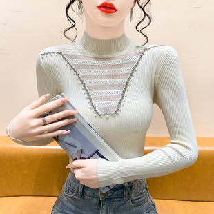 长袖 烫钻钉珠网纱拼接针织衫 内搭上衣 女秋冬时尚 半高领毛衣打底衫